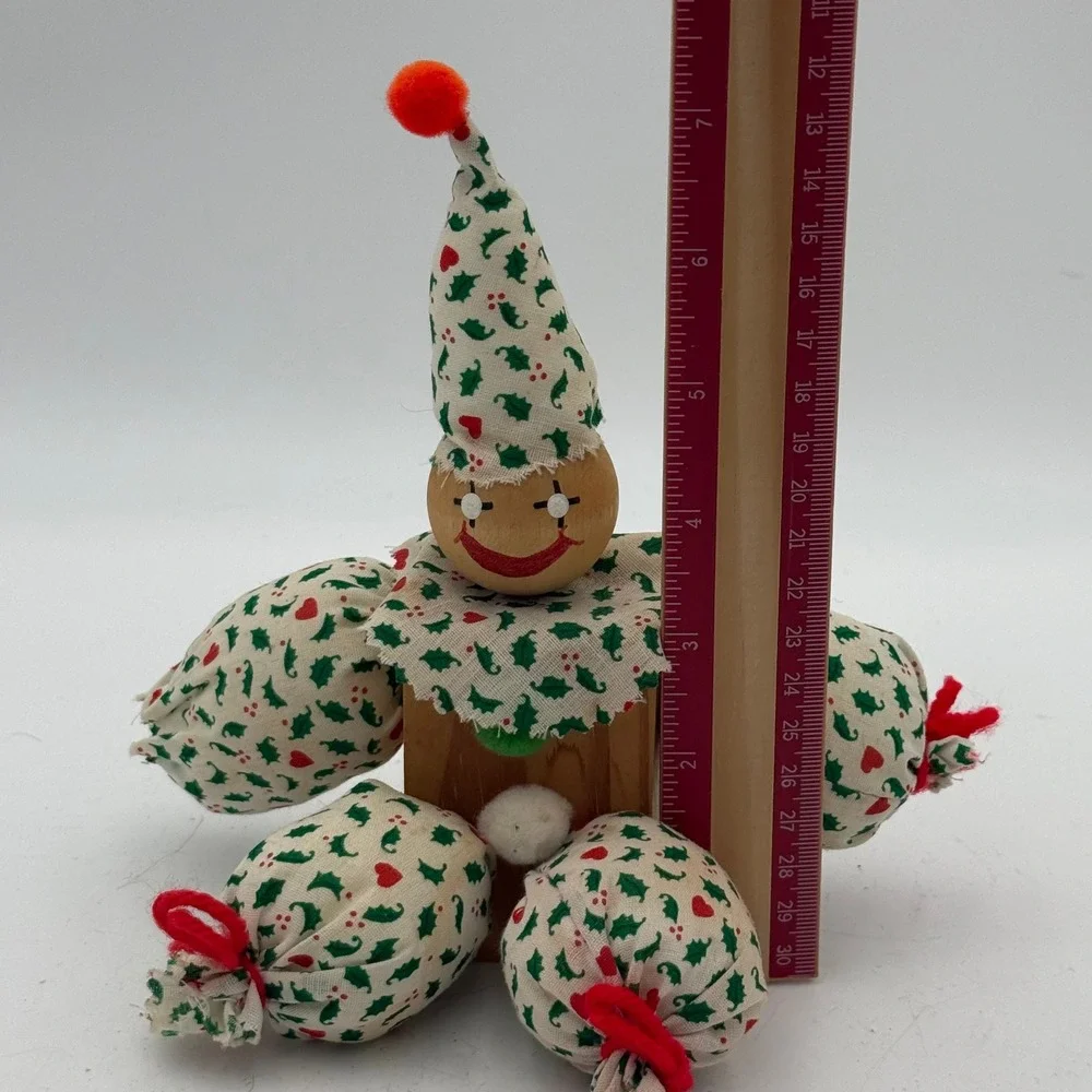 Vintage Wooden Block Christmas Clown Figurine Holly Heart Print Handmade Decor